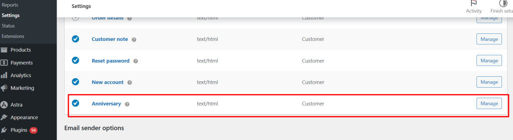 Screenshot of WordPress settings page showing customer options with Anniversary highlighted.