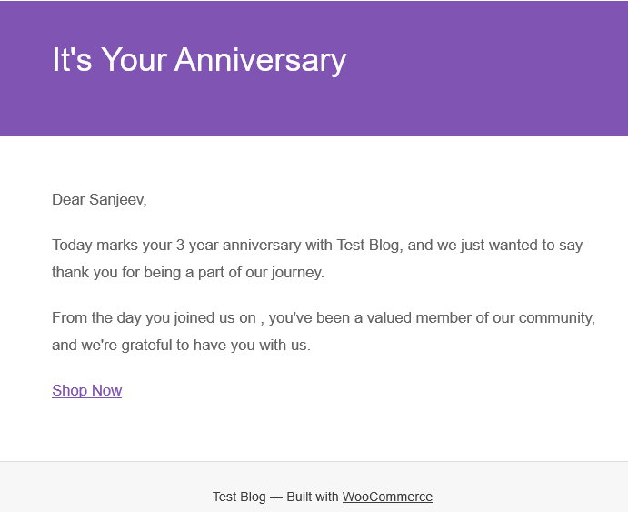 Email notification with a purple header stating 'It's Your Anniversary' and a message to a recipient.