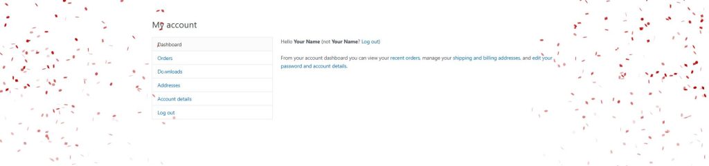 Screenshot of a user account dashboard with navigation options and a greeting message.