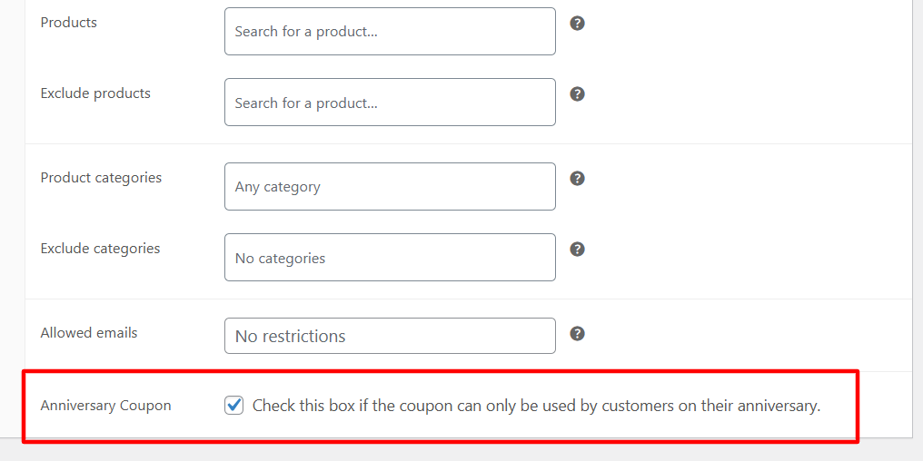 WordPress settings interface showing options for anniversary coupon usage restrictions.
