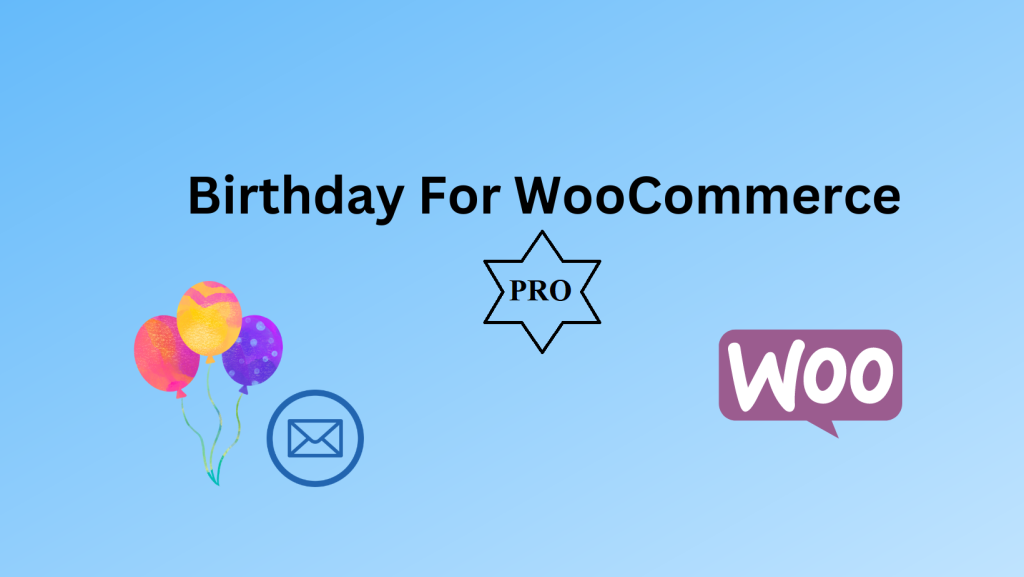 Graphic featuring balloons, an email icon, and WooCommerce logo with a blue background.
