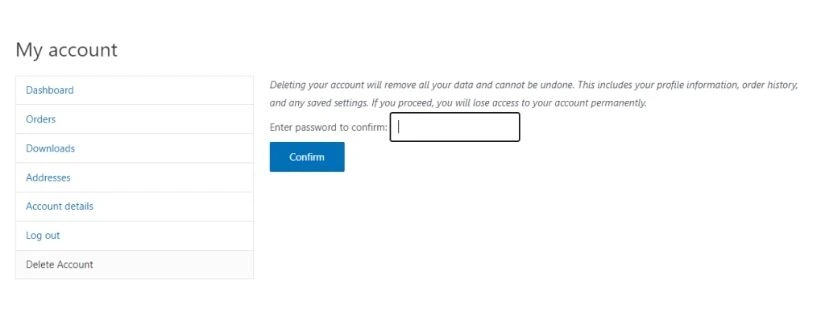 a screenshot showing how users get a warning details during woocommerce account deletion