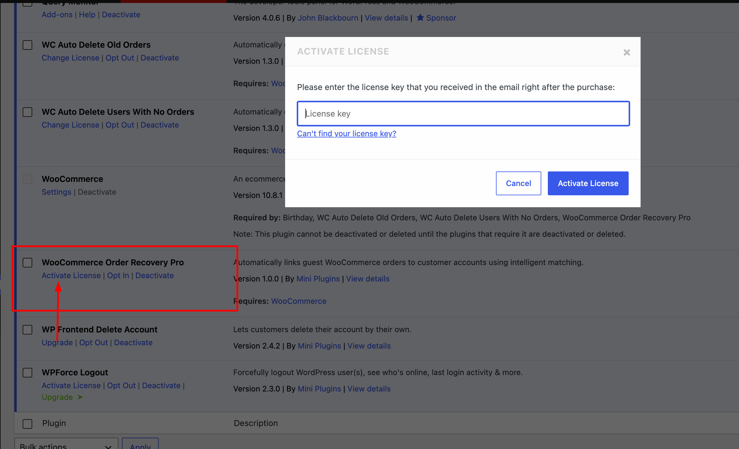 Activate License popup for WooCommerce Order Recovery Pro plugin in WordPress admin which helps to link guest orders woocommerce
