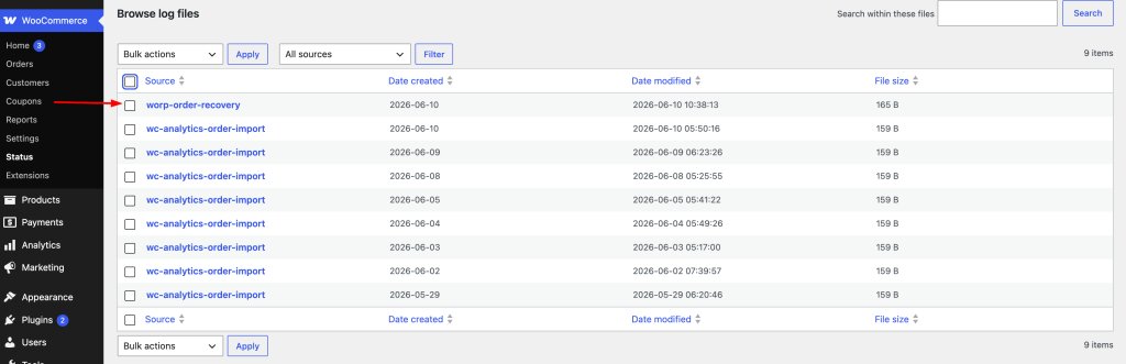 WooCommerce Status Logs screen showing worp-order-recovery log file entry