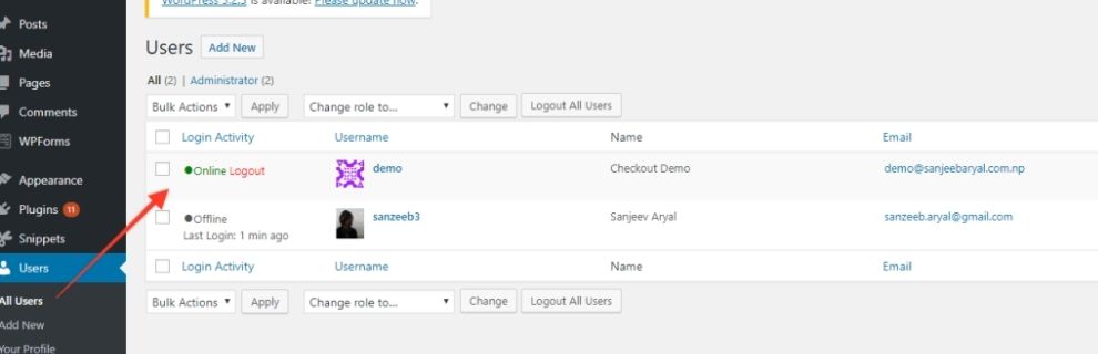 wp force logout online/offline status screenshot while using plugin