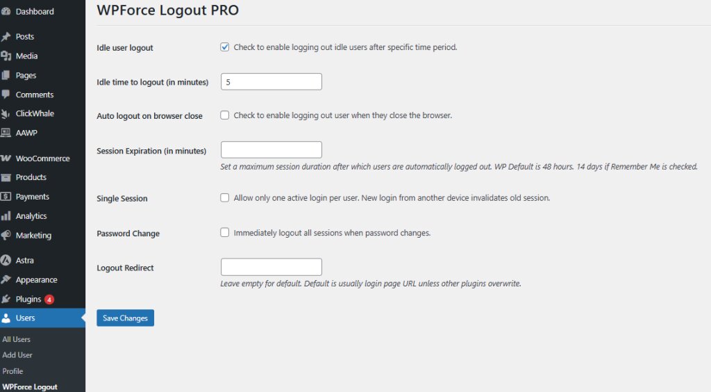 wp force logout idle user logout screenshot for the plugin